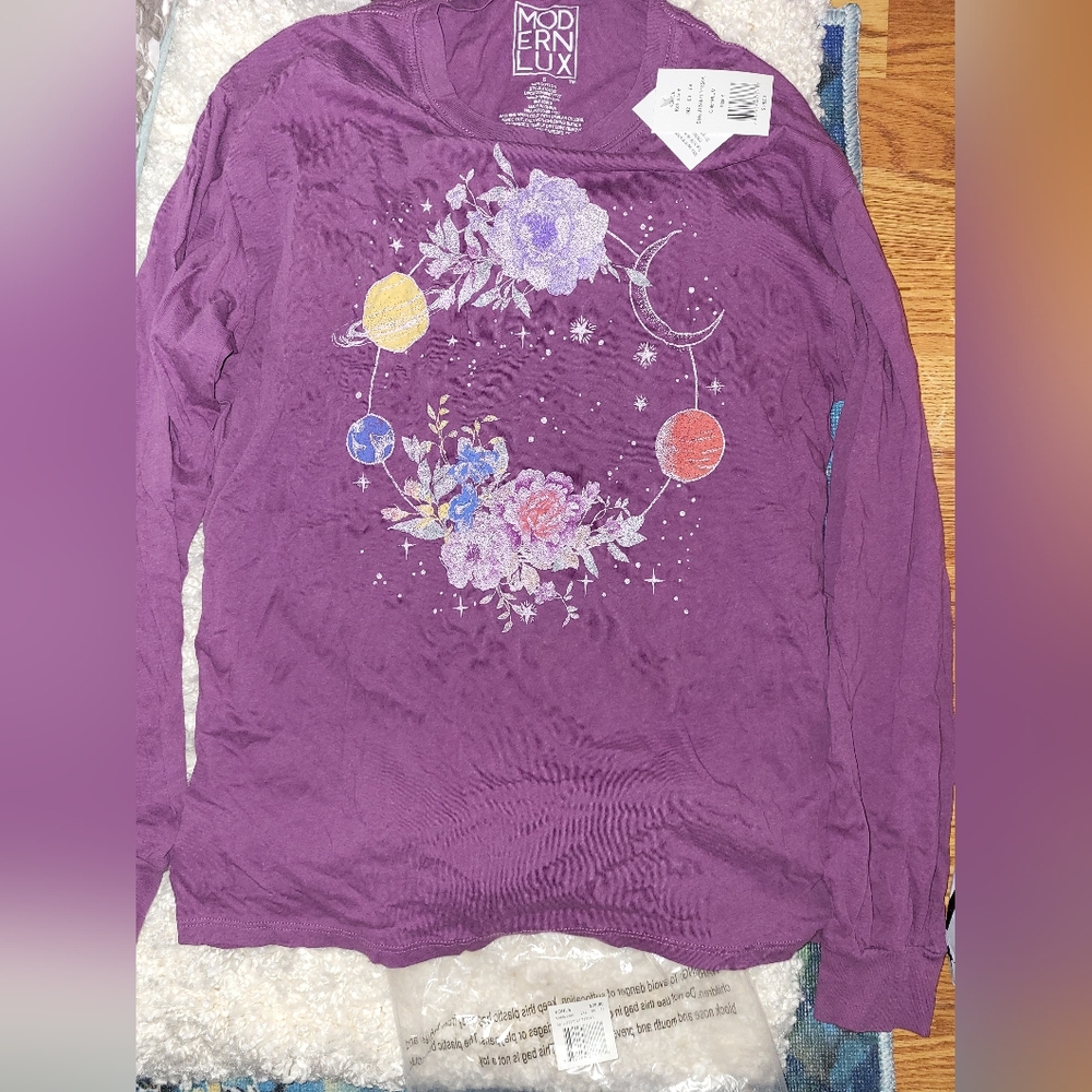 Modern Lux Purple Celestial Floral Long Sleeve Top